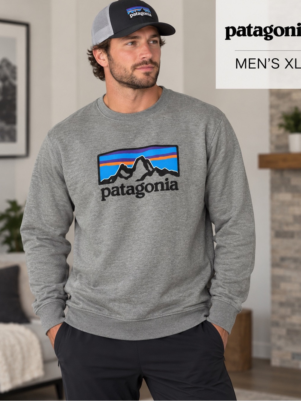 Patagonia Gray XL Crewneck Sweatshirt with Multicolor Mountain Logo